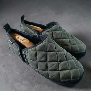 Barbour Hall Slippers Men's Size 9 Quilted Olive Green Mules Black Suede